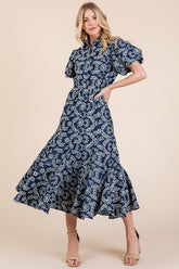 GeeGee Natural Leaf Pattern Eyelet Lace Puff Sleeve Dress Navy OutfitFlow