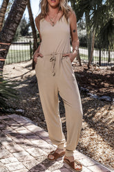 Drawstring Notched Wide Strap Jumpsuit Tan OutfitFlow