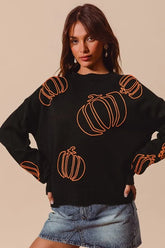 SO ME Pumpkin Embroidered Halloween Thanksgiving Sweater BLACK ORANGE OutfitFlow