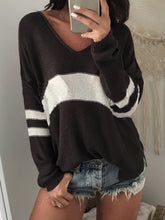 Striped V-Neck Long Sleeve Sweater Black OutfitFlow