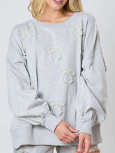 Pearl Embellished Bow Long Sleeve Sweatshirt Gray OutfitFlow