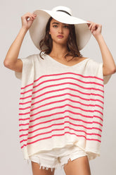 BiBi V Neck Striped Short Sleeve Top Fuchsia OutfitFlow