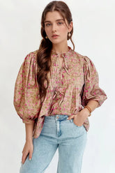 Floral Print Bow Pintuck Bust Half Puff Sleeve Blouse Top Floral OutfitFlow