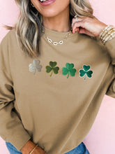 Embroidered Clover Pattern Round Neck Sweatshirt Camel OutfitFlow
