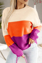 Color Block Drop Shoulder Round Neck Sweater Orange OutfitFlow