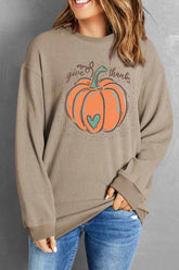 Pumpkin Graphic Round Neck Long Sleeve Sweatshirt Tan OutfitFlow