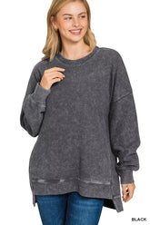 Zenana Full Size Acid Washed Double Ribbed Hi-low Sweatshirt Plus Size BLACK OutfitFlow