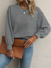 Striped Round Neck Lantern Sleeve Top Black OutfitFlow