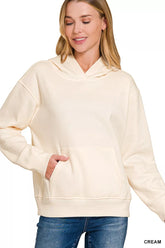 Zenana Fleece Kangaroo Pocket Hoodie CREAM OutfitFlow