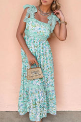 Lace Detail Square Neck Floral Dress Turquoise OutfitFlow