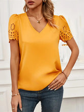 V-Neck Laser Cut Sleeve Blouse Tangerine OutfitFlow
