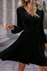 Surplice Long Sleeve Velvet Dress Black OutfitFlow