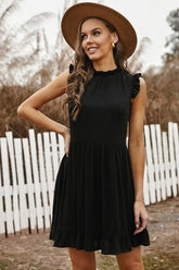 Ruffled Sleeveless Mini Dress Black OutfitFlow