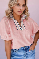 Contrast Striped Collar Patchwork Textured Half Sleeve Blouse Blush Pink OutfitFlow