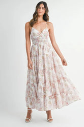 MABLE Floral Print Tiered Cami Maxi Dress Pink OutfitFlow