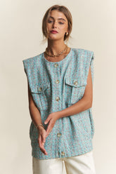 J.NNA Frayed Tweed Padded Shoulder Vest Celeste Blue OutfitFlow