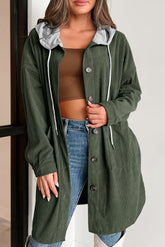 Drawstring Button Up Long Sleeve Hooded Jacket Army Green OutfitFlow