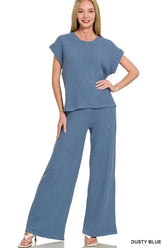 Zenana Rolled Sleeve Top and Pants Sweater Set DUSTY BLUE OutfitFlow