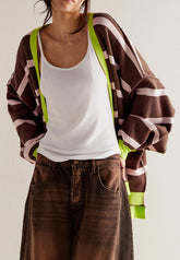 Contrast Stripes Button Down Long Sleeve Cardigan Coffee Brown OutfitFlow