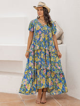 Plus Size Printed V-Neck Short Sleeve Maxi Dress Sky Blue OutfitFlow