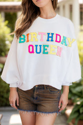 BIRTHDAY QUEEN Sequin Round Neck Long Sleeve Sweatshirt White OutfitFlow