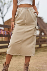 Drawstring Waist Slit Denim Skirt Tan OutfitFlow