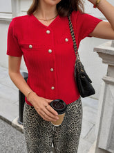Button Down Short Sleeve Cardigan Red OutfitFlow