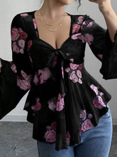 Floral Print Tie Front Flare Sleeve Blouse Black OutfitFlow