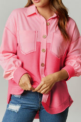 Two Tone Button Up Drop Shoulder Shacket Blush Pink OutfitFlow