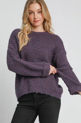 Umgee Full Size Round Neck Long Sleeve Boucle Sweater Plus Size Mauve OutfitFlow