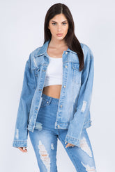 American Bazi Full Size Painted Back Distressed Denim Jacket Blue OutfitFlow