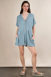 VERY J Two Tone Ribbed Knit Comfy Casual Romper Sky OutfitFlow