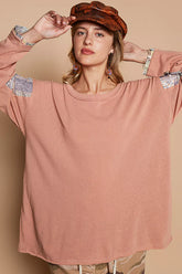 POL Round Neck Long Sleeve Roomy Fit Top with Stitch Detail CORAL CLAY OutfitFlow