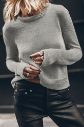 Ribbed Hem Round Neck Long Sleeve Sweater Gray OutfitFlow