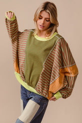 BiBi Color Block Striped Round Neck Sweatshirt Olive Latte OutfitFlow
