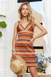 ADORA Contrast Striped V-Neck Mini Dress Orange Multicolor OutfitFlow