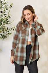 Mandy Plaid Dropped Shoulder Shirt Olive Brown OutfitFlow