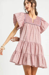 Umgee Floral Ruffled Cap Sleeve Tiered Mini Dress Dusty Pink OutfitFlow