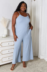 Basic Bae Full Size Spaghetti Strap V-Neck Jumpsuit Light Blue OutfitFlow