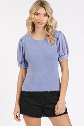 Mittoshop Mineral Wash Puff Sleeve Rib Knit T-Shirt Peri Blue OutfitFlow