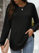 Ribbed Texture Round Neck Long Sleeve Rounded Hem Knit Top Black OutfitFlow