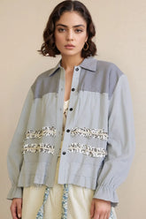 POL Button Down Floral Trim Ruffle Washed Shacket Light Blue OutfitFlow