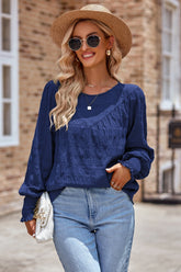 Ruched Round Neck Lantern Sleeve Blouse Navy OutfitFlow