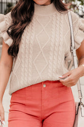 Cable-Knit Ruffled Mock Neck Sweater Vest Tan OutfitFlow