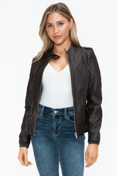 Snobbish PU Leather Biker Jacket with Side Zip Pockets Chocolate OutfitFlow