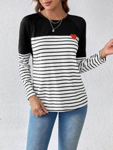 Striped Contrast Round Neck Long Sleeve T-Shirt Black OutfitFlow