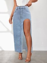 High Rise Slit Denim Skirt Light Blue OutfitFlow