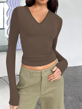 Full Size Slim Fit V-Neck Long Sleeve T-Shirt Plus Size Camel Trendsi