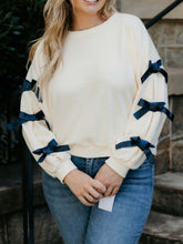Contrast Bow Round Neck Long Sleeve Sweatshirt Cream OutfitFlow