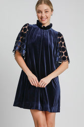 Umgee Dotted Lace Half Sleeve Mock Neck Back Tie Velvet Dress Navy OutfitFlow